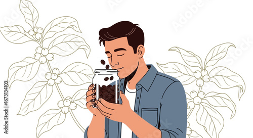 Man Enjoying The Aroma Of Fresh Roasted Coffee Beans For His Daily Ritual