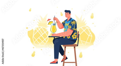 Man Enjoying Tropical Drink At Bar With Pineapple Motif Illustration Design
