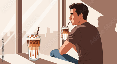 Man Enjoys Iced Coffee, Admiring Cityscape Through Window, Artistic Illustration