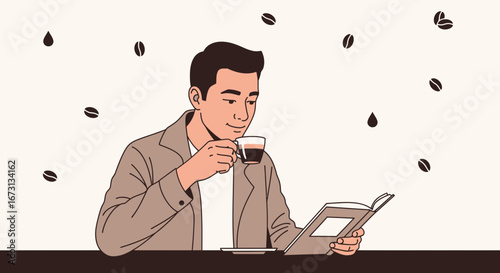 Man Enjoys Coffee And Reads A Book In A Stylish Cafe Setting