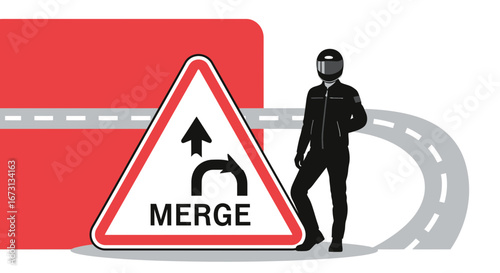 Motorcycle Rider Standing Near Merge Sign On Roadway Vector Illustration