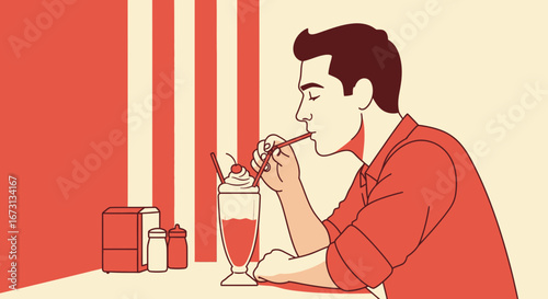 Man Enjoys A Creamy Milkshake In A Retro Diner, Sipping Through A Straw