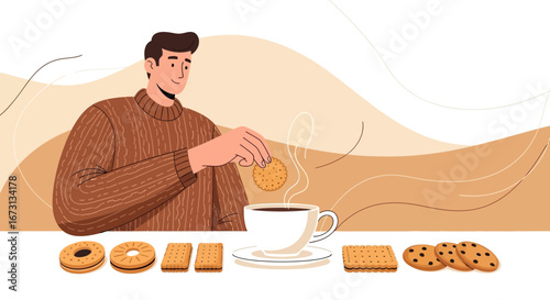 Man Enjoys Dunking a Cookie into Hot Coffee or Tea with Delightful Sweet Treats