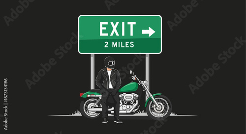 Motorcyclist Beside A Sign Indicating An Exit Two Miles Away Illustration On Black Background
