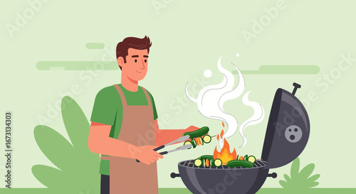 Man Grilling Fresh Zucchini Outdoors, Celebrating Summer With Tasty Grilled Vegetables.