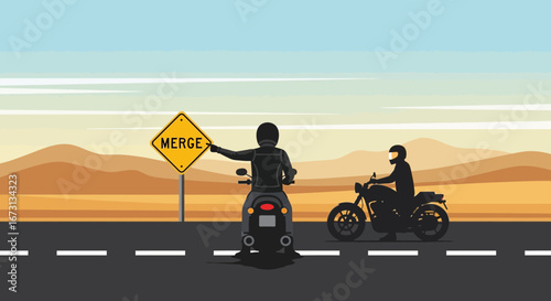 Motorcyclists Approaching Merge Sign While Traversing Scenic Desert Road At Sunset