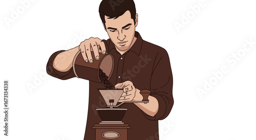 Man Grinding Coffee Beans Into Hand Operated Grinder For That Perfect Morning Brew