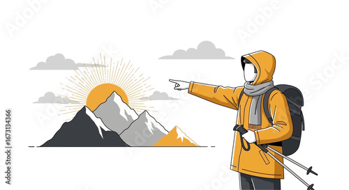 Mountain Explorer Discovering Majestic Peaks Under A Radiant Sunrise Sky For Exploration Journey
