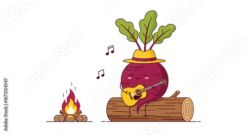 Musical Vegetable Campfire Serenade: Whimsical Beetroot Playing Guitar, Enjoying a Melody