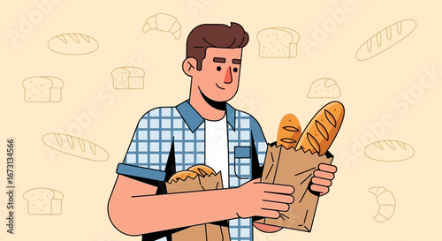 Man Holding Baguette And Loaves Of Bread, Freshly Baked, From Bakery, Or Store