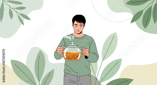 Man Holding A Tea Pot With Fresh Tea, Green And White Abstract Background