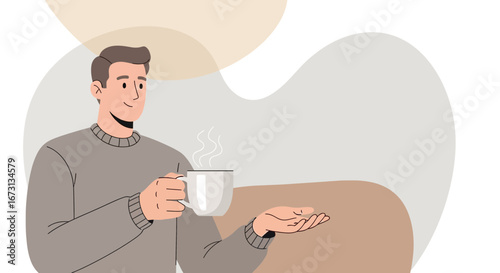 Man Holding Coffee Cup And Offering Something In Vector Illustration Style