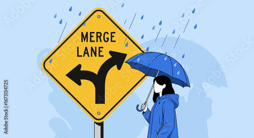 Navigating Life's Choices: Illustration of a Merge Lane Sign, Rain, and a Person