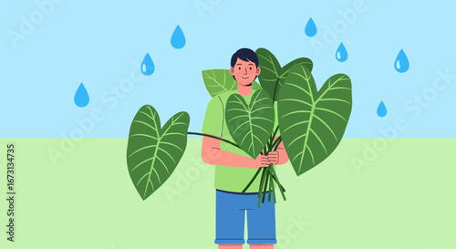 Man Holding Large Taro Leaves Under Raindrops in Relaxing Green and Blue Backdrop
