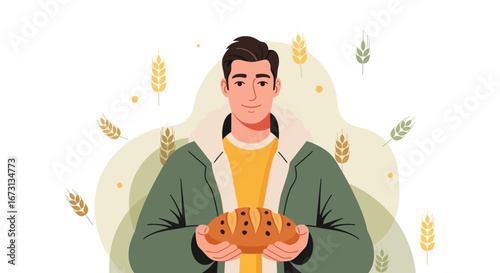 Man Holding Loaf Of Bread With Wheat Illustration Perfect For Bakery And Food Related Designs