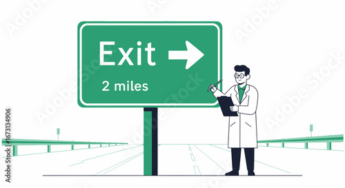 Navigational Scientist Observing Highway Exit Sign For Planning Purposes, Road Guide