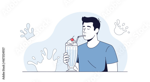 Man Indulges In A Decadent Milkshake, Enjoying Refreshment And A Moment Of Bliss