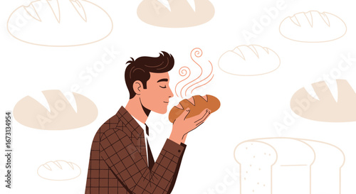 Man Inhaling Aroma From Freshly Baked Bread, Enjoying Delicious Bakery Product Illustration