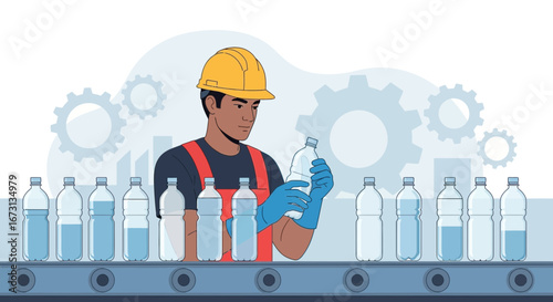 Man Inspecting Water Bottles on an Assembly Line in a Factory Setting