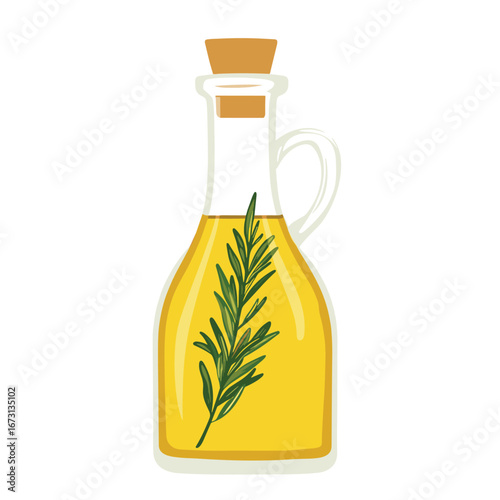 flat vector of olive oil bottle with sprig of rosemary