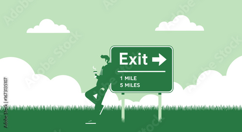 Man Leaning On Road Sign, Contemplating His Exit Strategy with Coffee