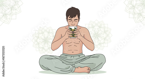 Man Meditating While Drinking Refreshing Tea, Promoting Peace and Serenity for a Healthy Lifestyle