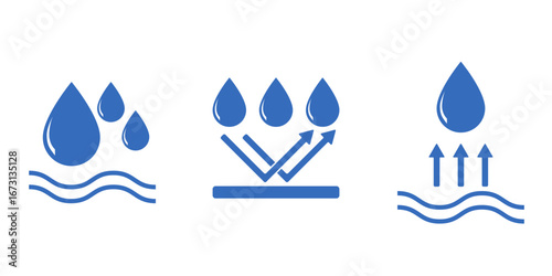 Anti-corrosion, weather resistant and water protection signs in flat vector style. Waterproof icon set with water drop symbols. Perfect for fabric, clothing, outdoor gear or packaging design.