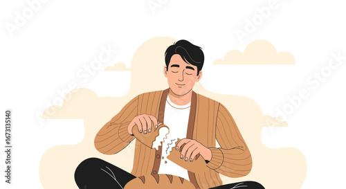 Man Meditates While Breaking Bread, Symbolizing Contentment And Self-Reflection In A Calm Setting