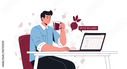 Office Worker Prioritizing Wellness While Working on Laptop, Drinking Healthy Juice