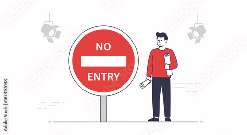 Man Observing A Restricted Zone With A 'No Entry' Sign And Spotlight Rendering