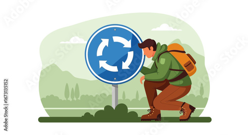 Man Observing Directional Sign in Nature, Contemplating Route, Deciding Road Ahead