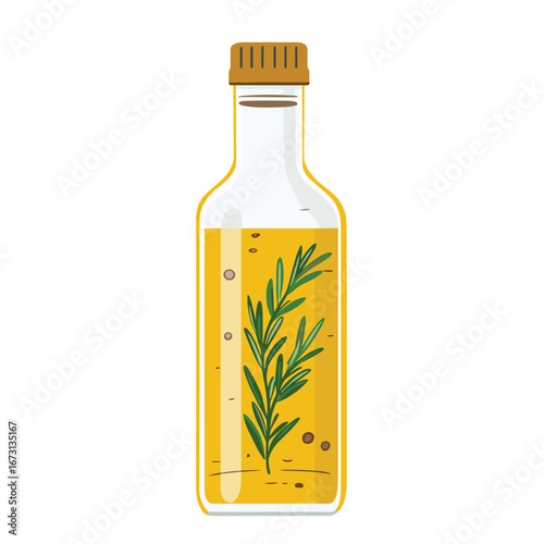 flat vector of olive oil bottle with sprig of rosemary