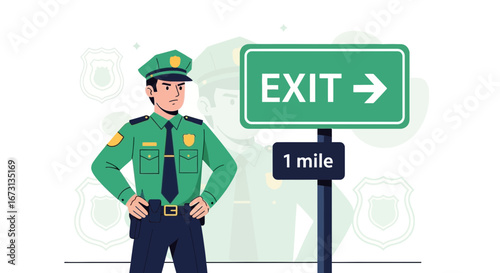 Officer Standing Near Exit Sign Shows The Way For Travelers And Guides Them