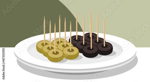 Olive Appetizers Presentation On Plate, Garnished With Toothpicks, Simple And Elegant