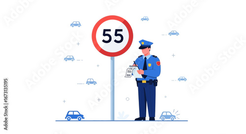Officer Issuing Citation Next To Speed Limit Sign Depicting Traffic and Law Enforcement