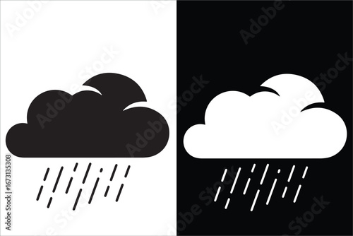 Contrasting Black and White Rain Cloud Weather Icons with Falling Drops