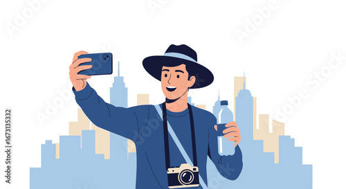 Man Posing For Selfie With City Backdrop, Holding Water Bottle, And a Vintage Camera