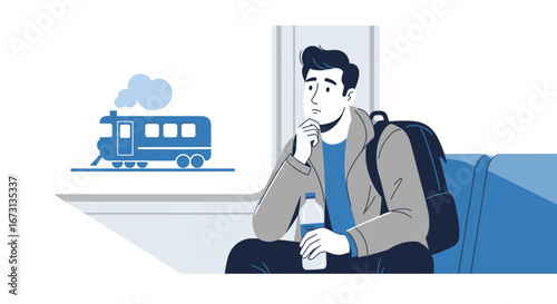 Man Pondering Travel Plans Awaiting Train Departure With Backpack and Water Bottle Ready