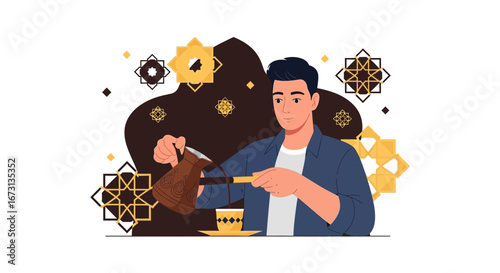 Man Pouring Coffee Drink Decorated With Geometric Symbols, Illustration Design