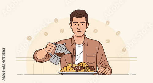 Man Pouring Coffee Over Food. A Delightful Breakfast Scene for Your Creative Projects
