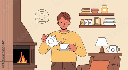 Man Pouring Tea in a Cozy Room with Fireplace and Decorated Shelves
