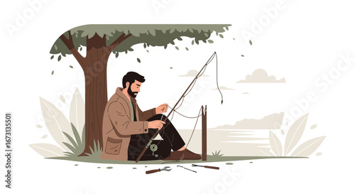 Man Prepares Fishing Tackle Near Waterside, Seeking Tranquility And A Successful Catch