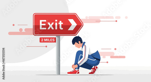 Man Prepares For Journey, Knotting Shoes Near Exit Sign, Ready For Adventure