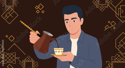 Man Prepares Traditional Coffee, Artistic Vector Illustrative Image Depicting the Process