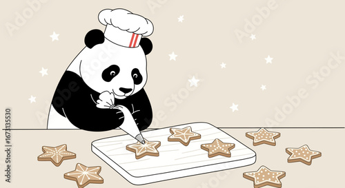 Panda Chef Exquisitely Decorating Star Shaped Cookies For Delicious Festive Season Delights