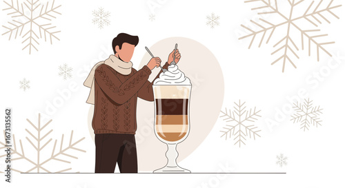 Man Preparing a Luxurious Multilayered Drink During the Snowy Winter Season