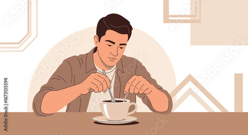 Man Preparing Coffee In The Morning Relaxing At Home, Drinking And Focusing Carefully