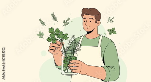 Man Preparing Fresh Herbs In The Kitchen For A Healthy Food Recipe