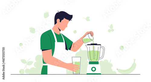 Man Preparing Healthy Green Smoothie In A Blender For Nutrient-Rich Refreshment