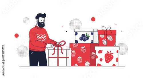 Man Preparing Gift Boxes with Berries in Playful Illustration Representing Seasonal Celebrations